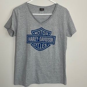 Harley-Davidson women V-neck Gray tee with Blue Graphic- size Large
